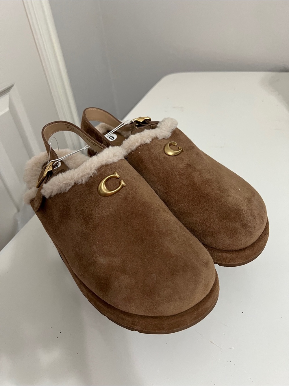Coach Chestnut Suede Shearling-Trim Clog Mules - Picture 2 of 14